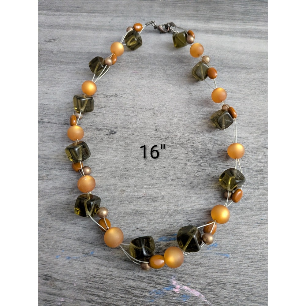 Olive Green Amber Glass Cube Multistrand Wire Necklace 16 Inch Statement Piece